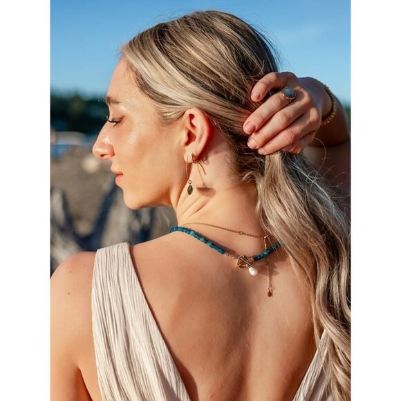 Blue Apatite Gemstone Necklace Gold Toggle Clasp Removable Baroque Pearl - Picture 3 of 12